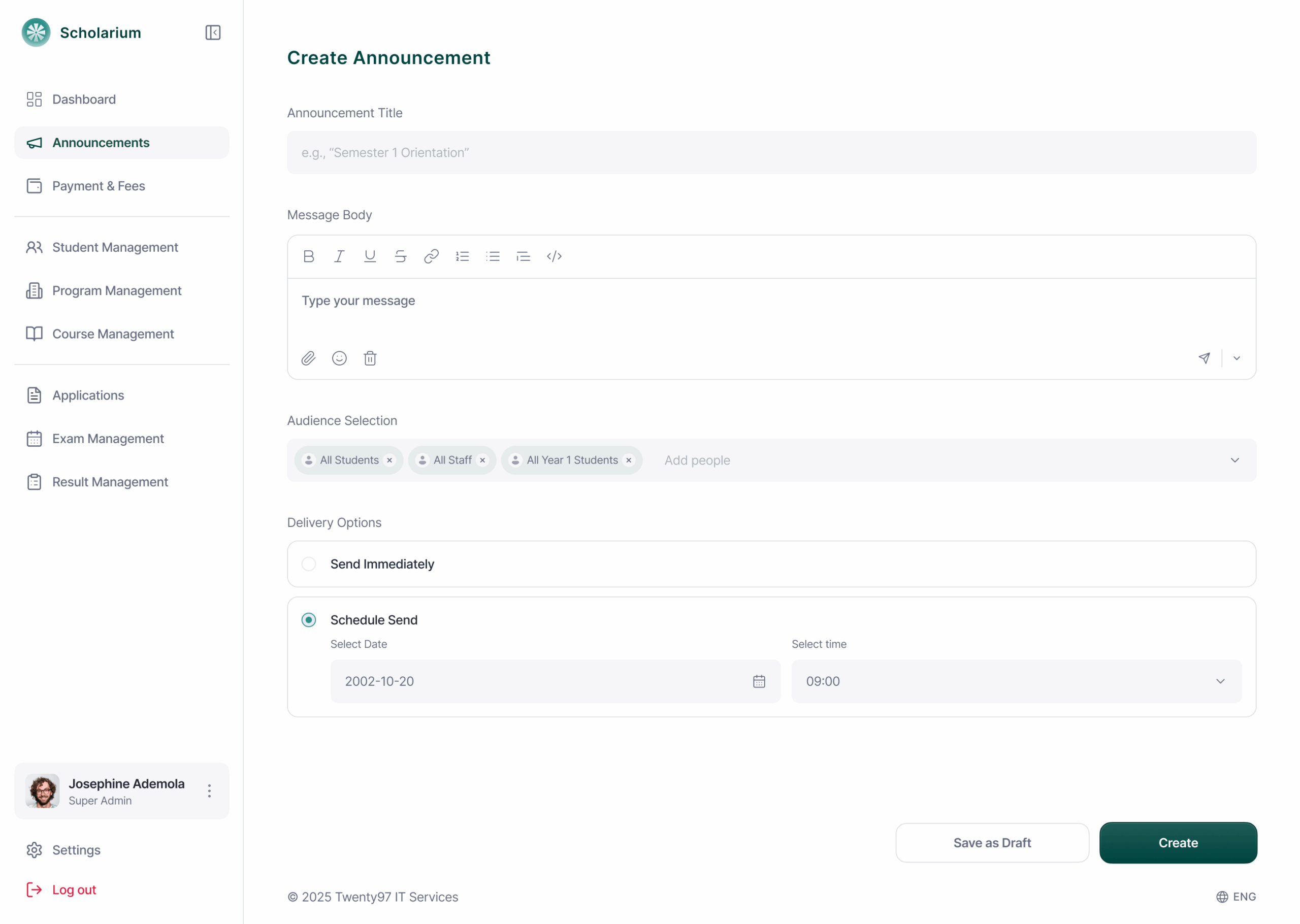 Announcements Center - Add New Announcement