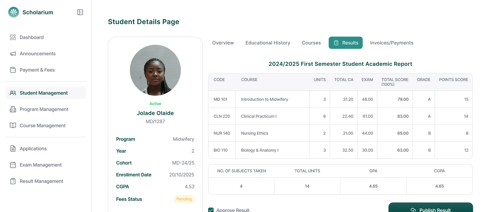 Student academic performance tab with GPA history