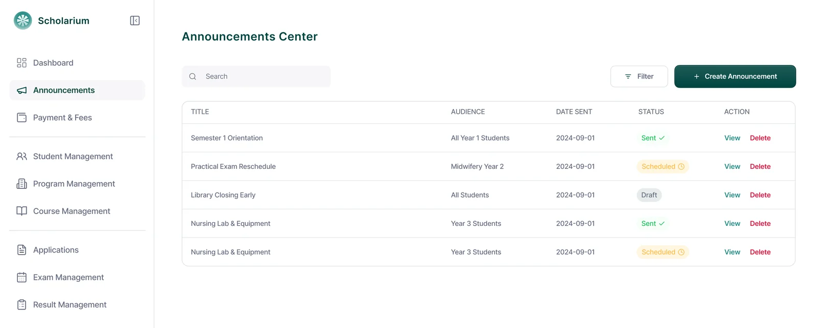 Announcements centre listing published notices