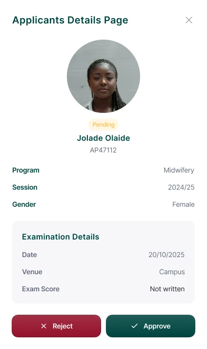 Application details modal showing applicant information and decision actions