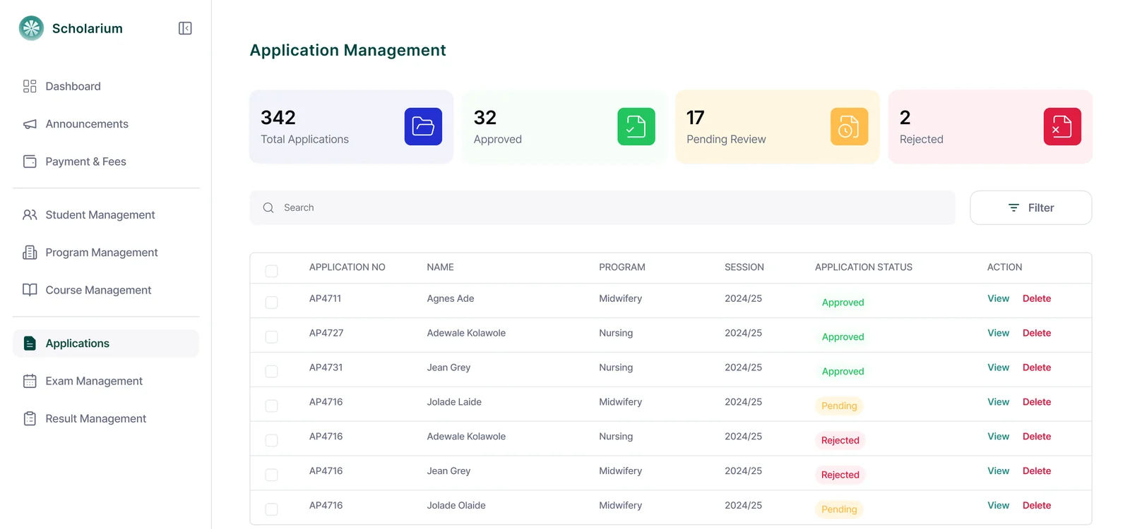 Application management screen listing applicants with status and actions