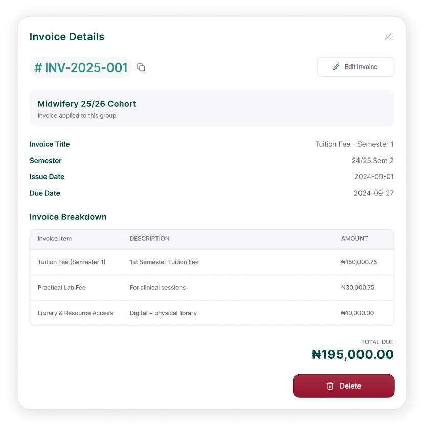 Invoice details screen showing line items and payment status