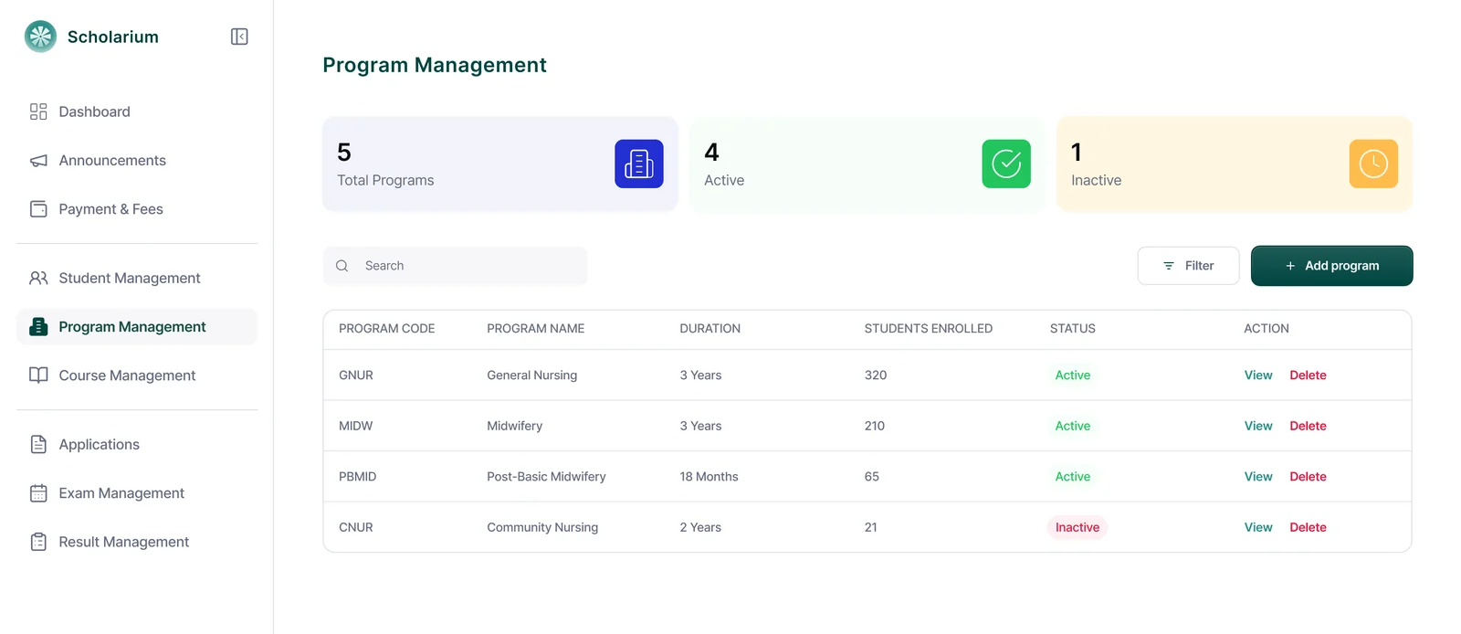 Programme management screen listing programmes and durations