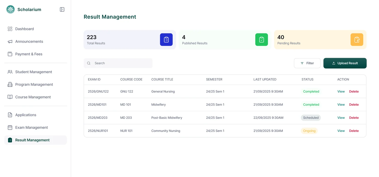 Result management screen with exam list, statuses and upload action