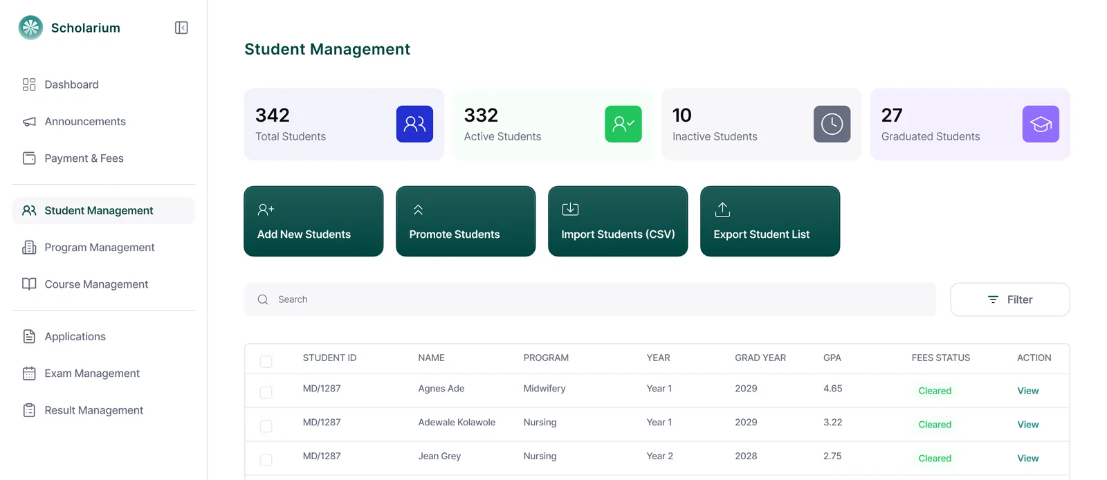 Student management screen listing students with programme and level