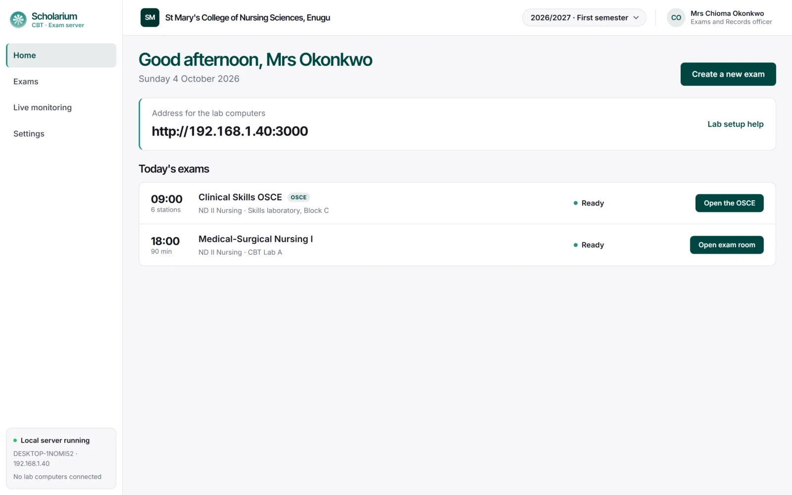 Exam day dashboard